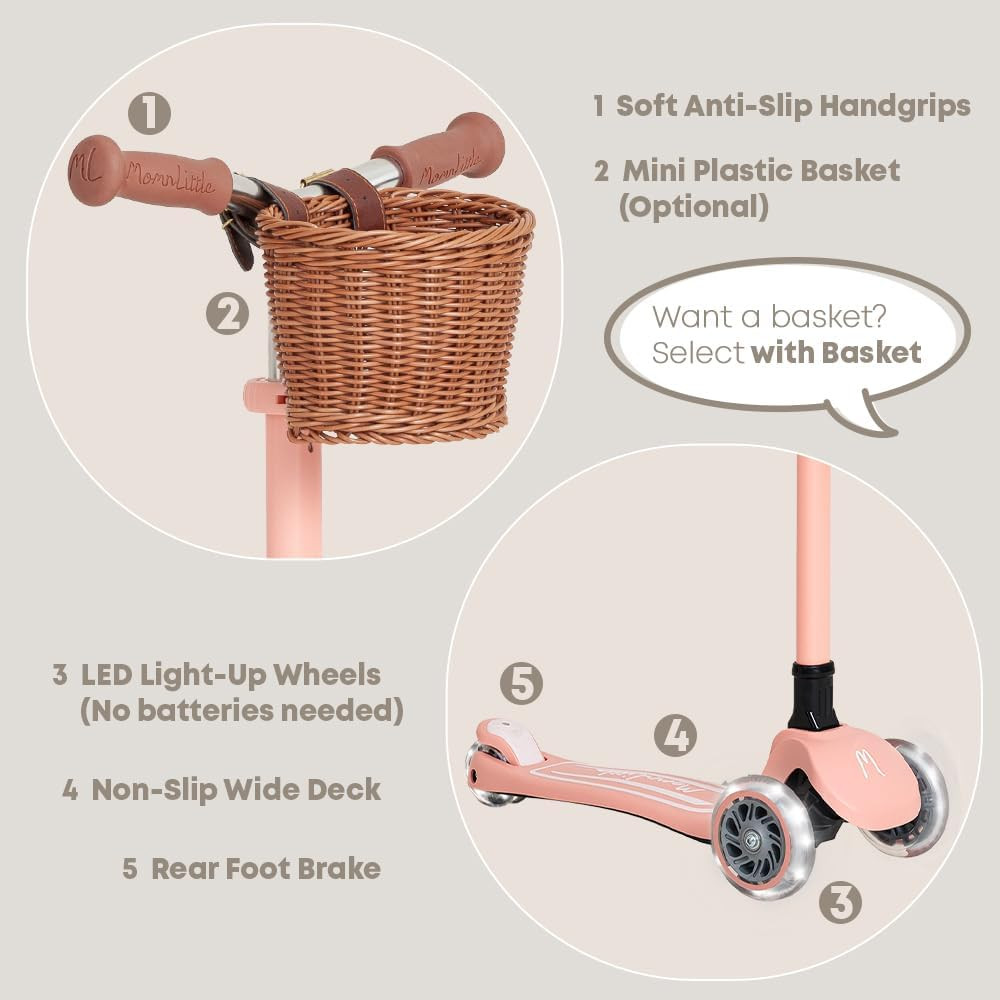 MomnLittle Kick Scooter for Kids Ages 3-10 (Beige/Pink/Navy/White) 3 Wheeled with LED Light-Up Wheels CPSC Certified Foldable and 4 Height Adjustable Toddler Scooters for Boys Girls