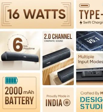 Mivi Fort S16 with Dual Full Range Drivers, 6Hrs Playback, Voice Assistant 16 W Bluetooth Speaker  (Black, 2.0 Channel)