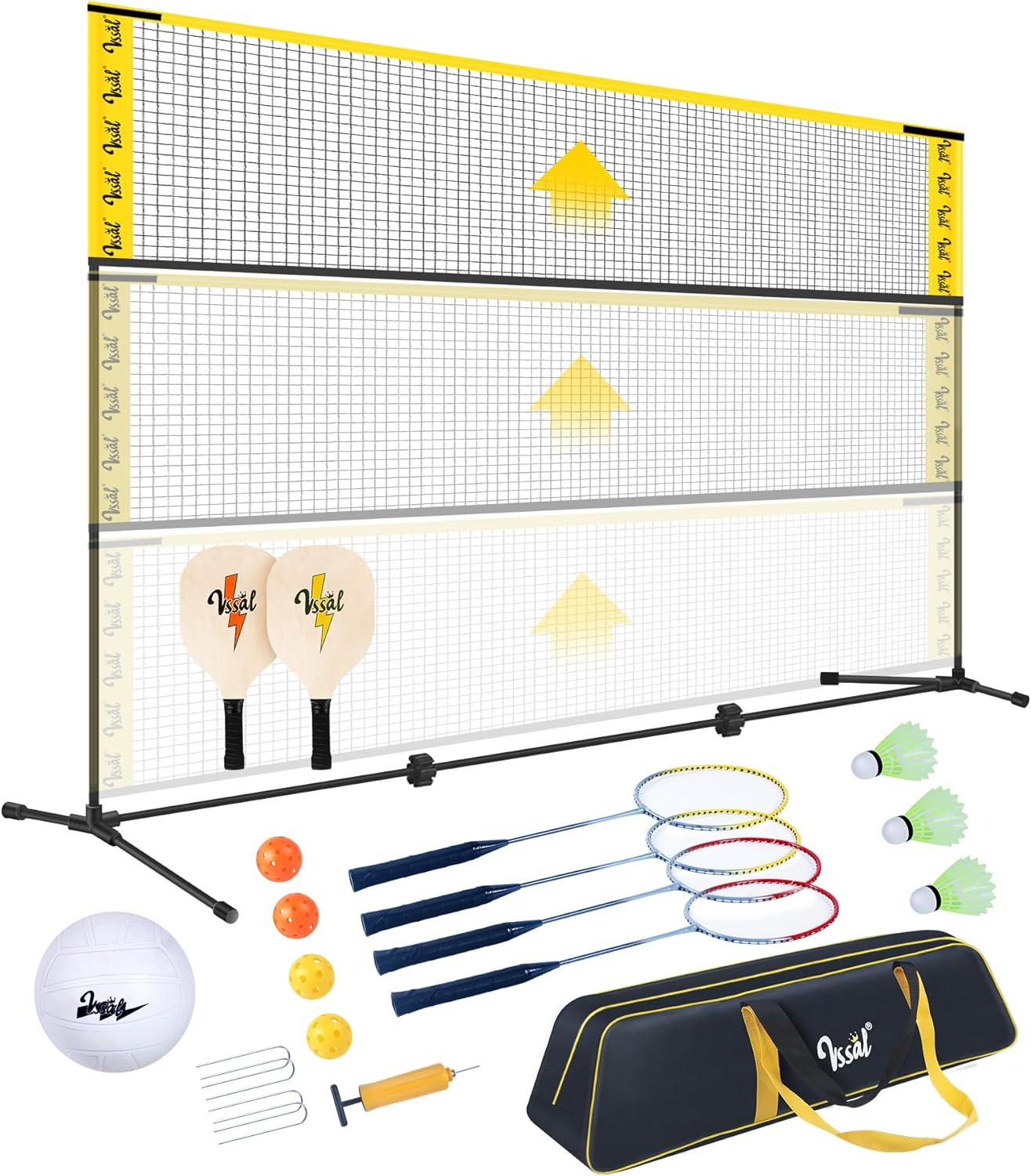 3-in-1 Portable Badminton, Volleyball & Pickleball Net Set for Adults, Adjustable Height 34"–7 ft for Backyards or Beach, Outdoor Sports Combo with Carry Bag, Rackets, Paddles & Balls