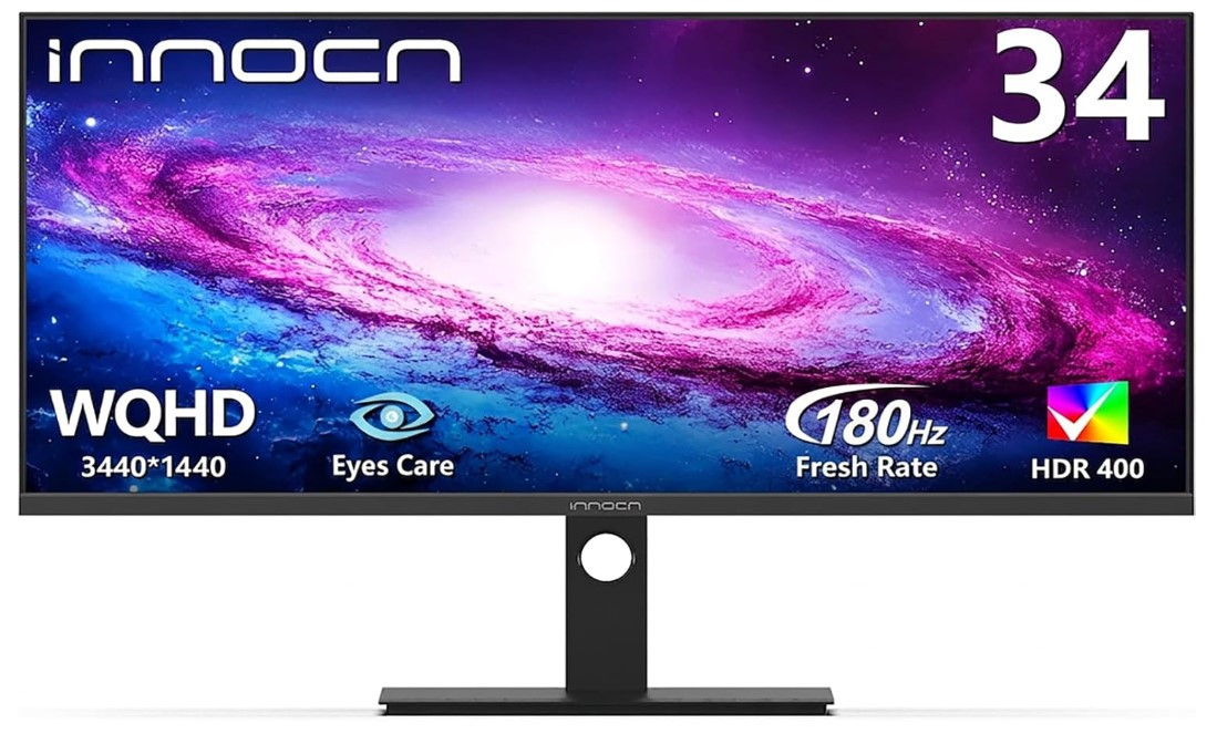INNOCN 34" Ultrawide Monitor WQHD 3440 x 1440P 180Hz IPS PC Adaptive-Sync G-SYNC Compatible, HDMI, DP, PIP/PBP, 21:9, HDR, MPRT, Built-in Speaker, Height Adjustable, Eye Care - 34C1R