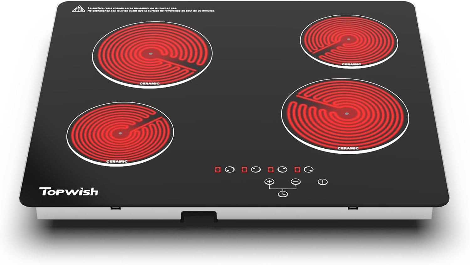 4 Burner Electric Cooktop, TOPWISH 24 Inch, Built-in Electric Stove Top, 220-240v Radiant Cooktop with Child Lock, Touch Control, Residual Heat Indicator, Overheat Protection, Hard Wire (No Plug