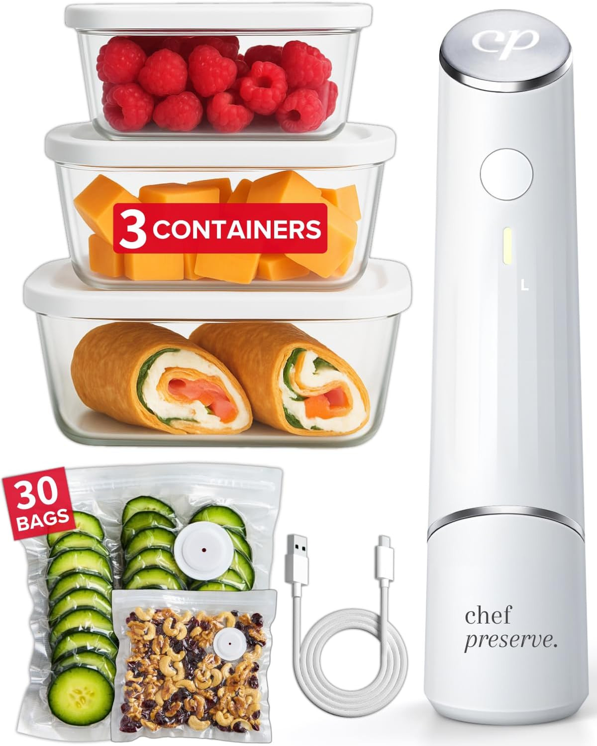 Chef Preserve Compact Vacuum Sealer for Food (Vacuum Sealer Machine + 3 Glass Vacuum Containers + 30 Reusable Vacuum Bags) Powerful Handheld Vacuum Seal Machine, Seal Meal Sa