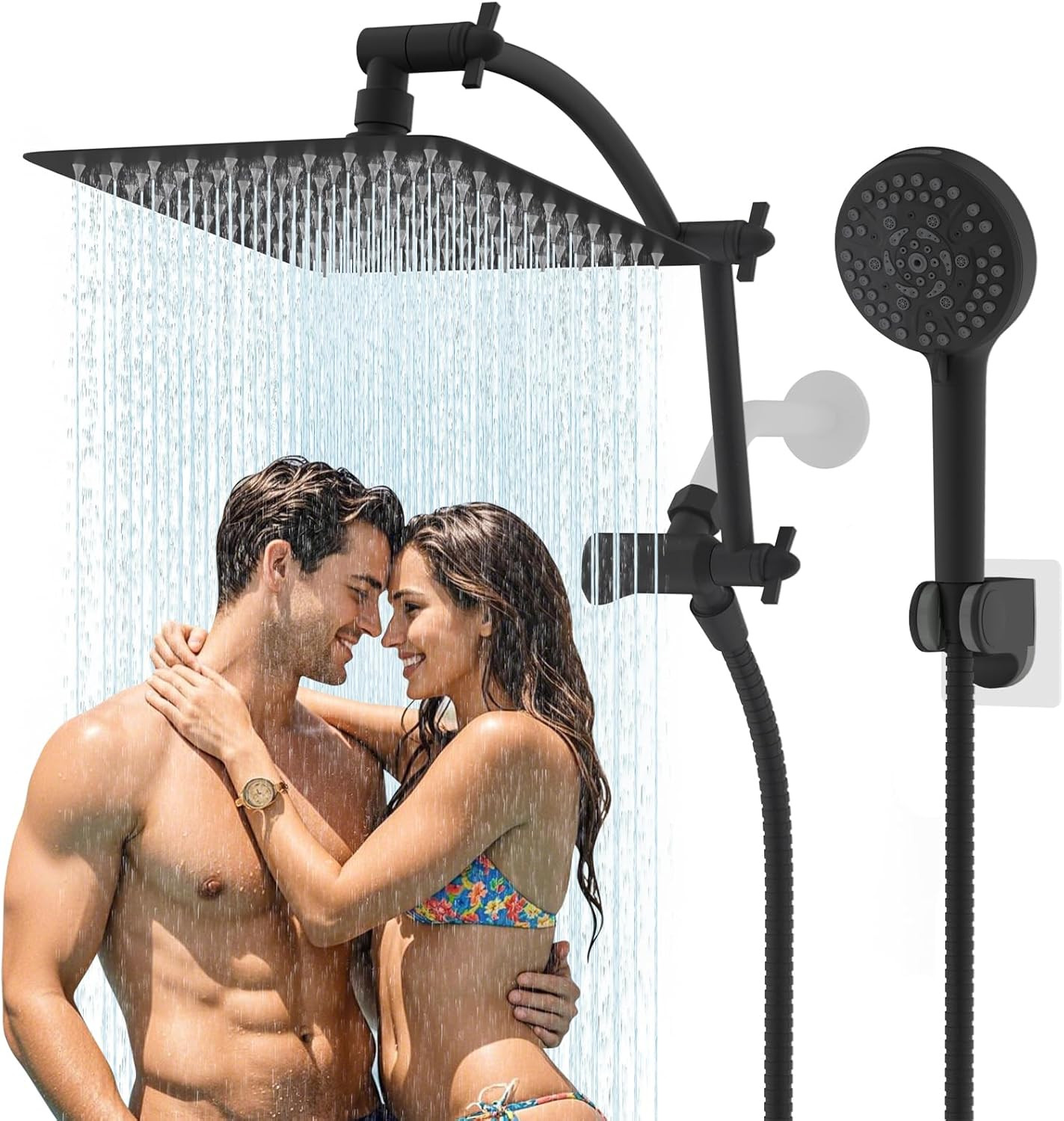 Hibbent All Metal cUPC Certified Shower Head, 10'' High Pressure Rain Shower Head, Handheld Showerhead Combo with 16'' Adjustable Extension Arm, 10 Sprays, 71'' Hose, Showerhead Holder, Matte Black