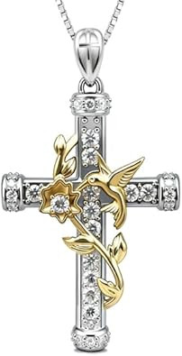 Hummingbird Cross Necklace 18K Gold Plated Two-Tone Flower Pendant with Cubic Zirconia Religious Christian Jewelry for Women Birthday for Wife Mom Her