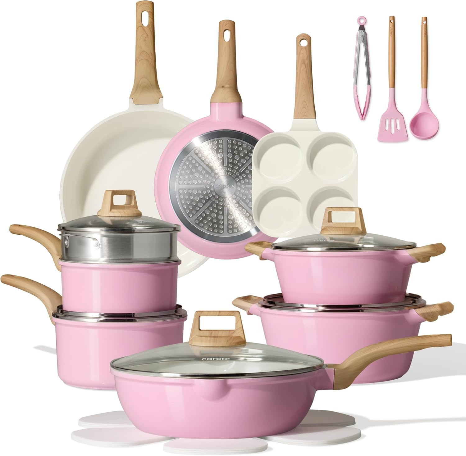 CAROTE 21 PCS Ceramic Cookware Set, Pots and Pans Set Non Stick, Pot and Pan Set with Frying pan, Induction Ready Cooking Set for Kitchen, PFOS/PFOA/PFAS Free, Pink