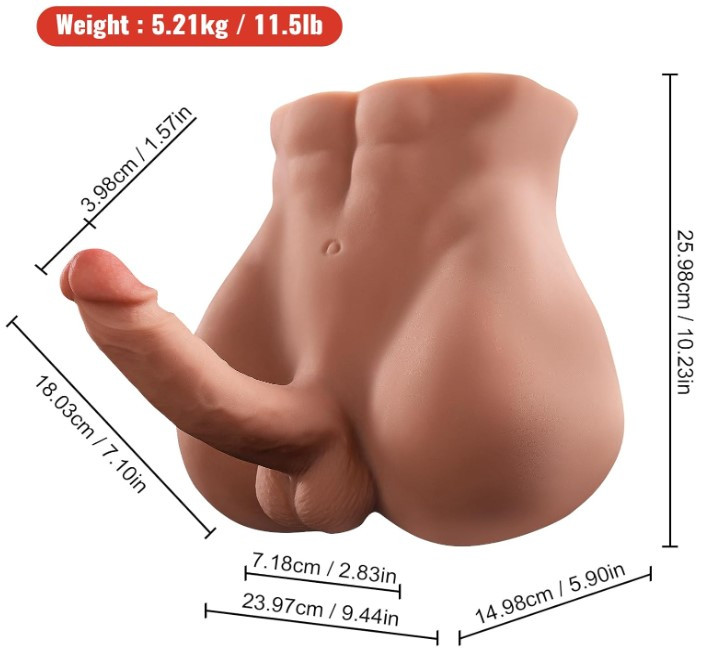AUSLOVE Male Sex Doll for Women with 7.1in Telescoping Huge Dildo, 11.5LB Realistic Torso Sex Dolls for Men with Tight Anal, 2 in 1 Unisex Masturbator Sex Toy for Gay Couple, Brown