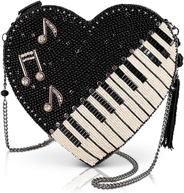 Mary Frances Heart Beat Crossbody Handbag with Beaded Chain Strap, Zipper Closure & Inside Slit Pocket – Black
