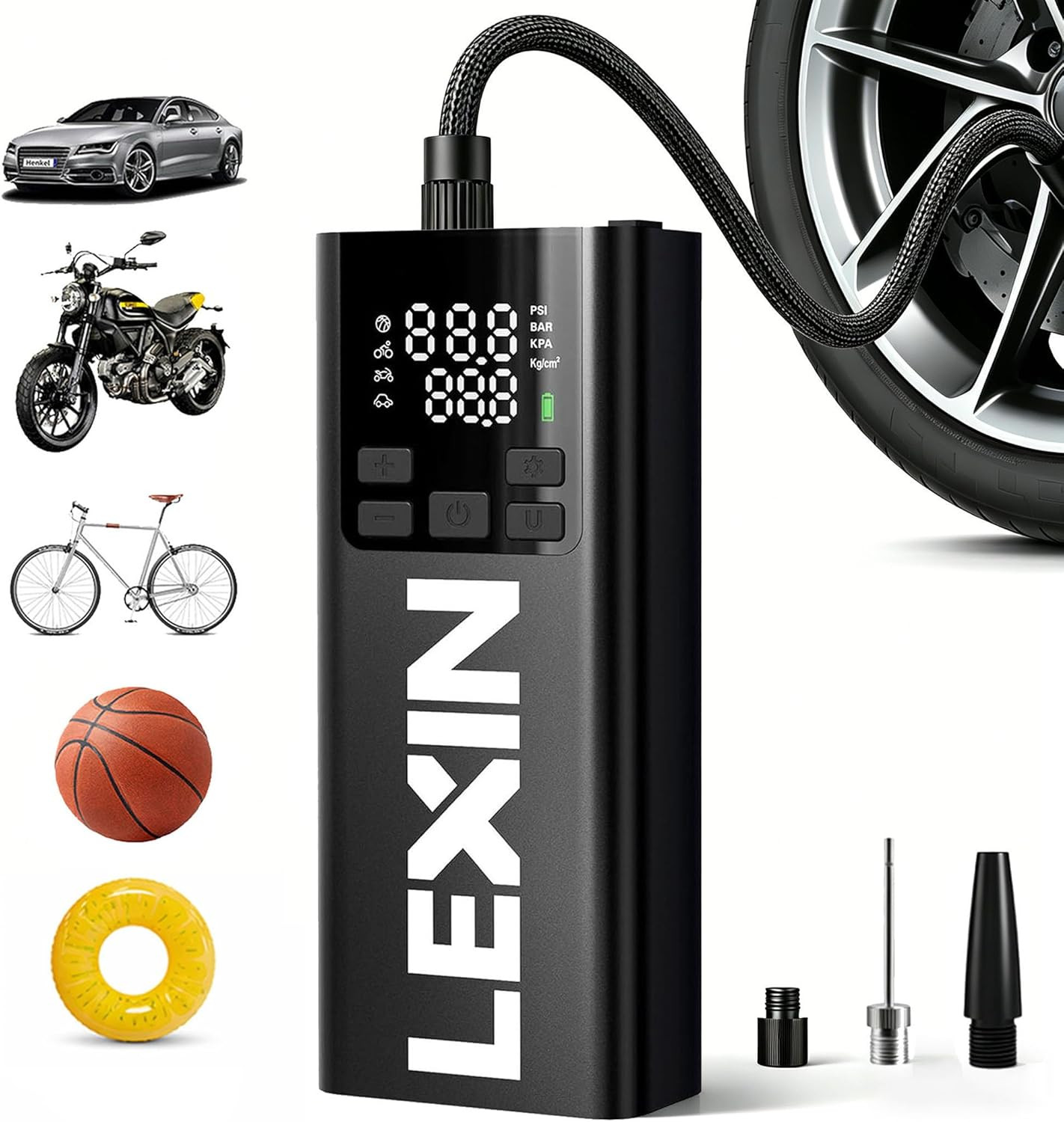LEXIN P5 Tire Inflator Portable Air Compressor, 150PSI Electric Air Pump for Car Tires, 5000mAh Rechargeable Tire Inflator with Digital Pressure Gauge & Auto Shut-Off for Car, Motorcycle, Bike & Ball