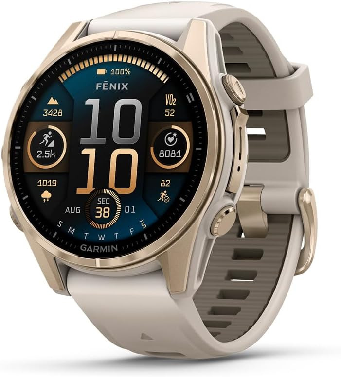 Garmin fēnix® 8 – 43mm, AMOLED, Sapphire, Premium Multisport GPS Smartwatch, Long-Lasting Battery Life, Dive-Rated, Built-in LED Flashlight, Soft Gold with Dark Sandstone Band
