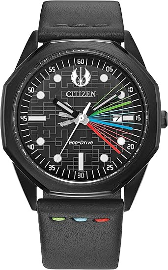 Citizen Men's Eco-Drive Star Wars Darth Vader Black Ion Plated Case Watch with Gray Leather Strap, Black Dial (Model: BM7498-00W)