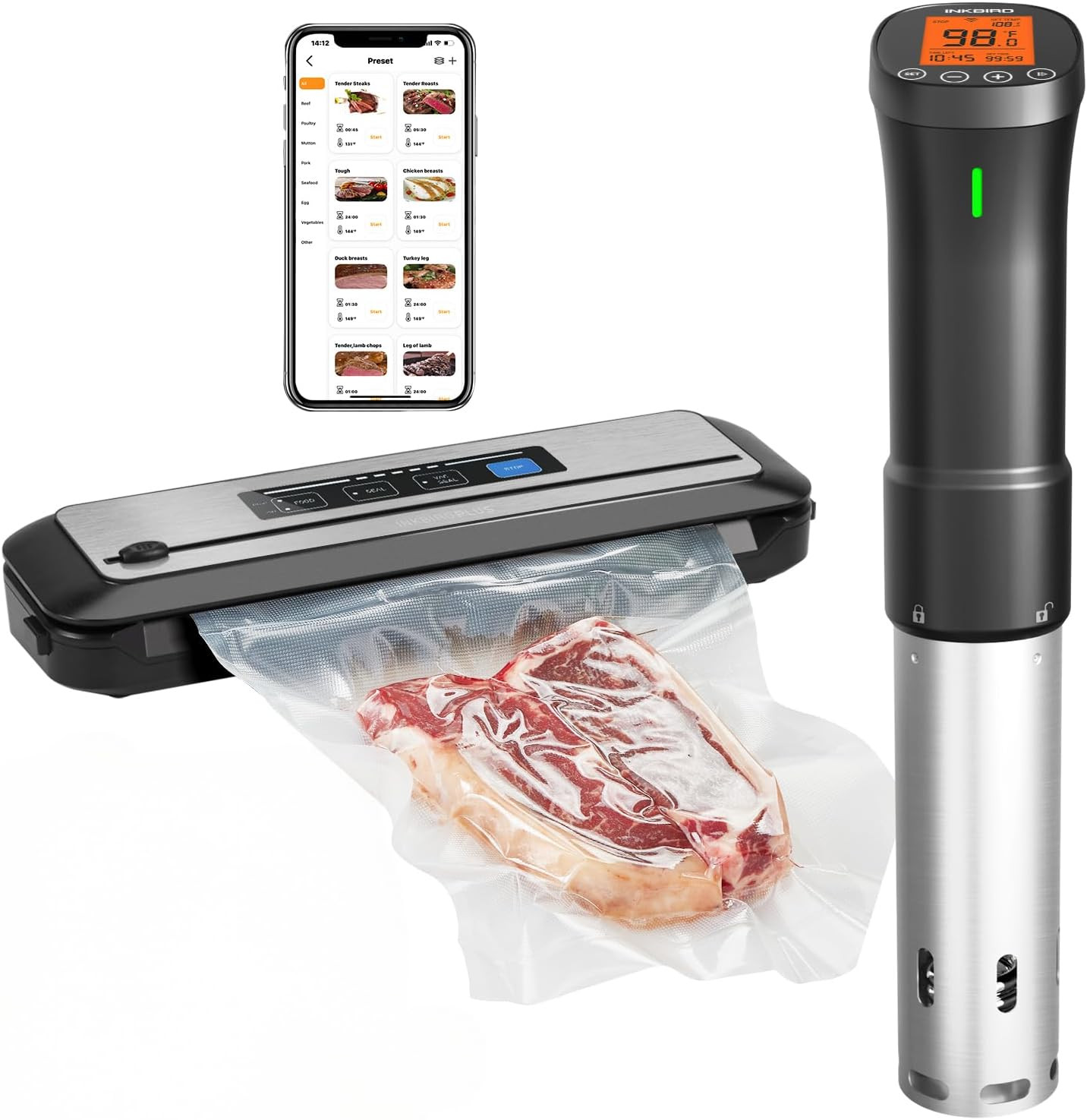 INKBIRD WIFI Sous Vide Cooker ISV-200W Bundle with INK-VS01 Vacuum Sealer Machine,1000W Sous-Vide Kits, Immersion Circulator for Sous Vide Mahine with 14 Preset Recipes on Thermal Immersion